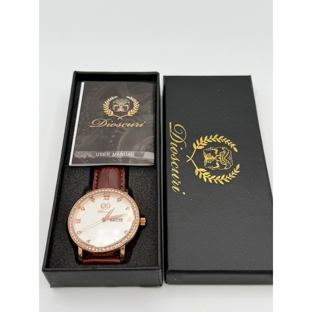 Dioscuri Quartz Watch Rose Gold Crystal Day Date Leather Box Manual